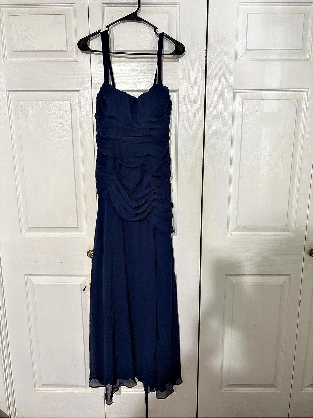 Navy Blue Chiffon Maxi Gown Ruched Bodice Front Slit Bridesmaid Formal Sz 6